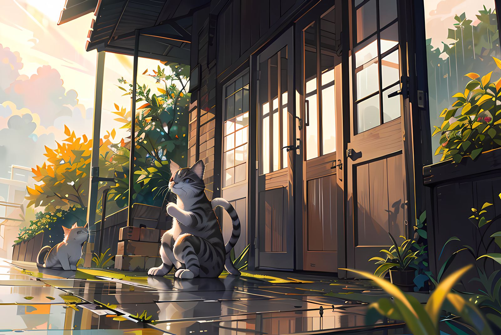 秋日晚景，无人猫咪眺望落日，在植物和建筑的背景下。