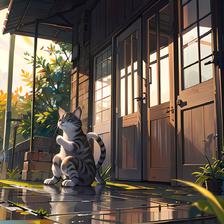 秋日晚景，无人猫咪眺望落日，在植物和建筑的背景下。插画图片壁纸