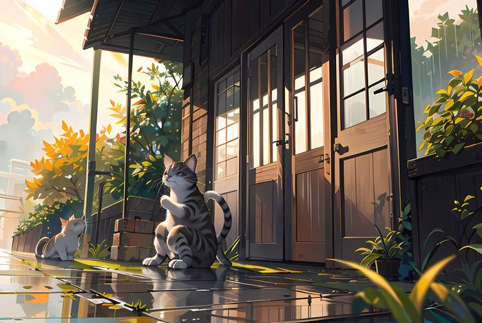 秋日晚景，无人猫咪眺望落日，在植物和建筑的背景下。插画图片壁纸