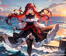 姑娘海边凝望，红发飘飘扬。浪涛拍岸，夕阳映水漾。