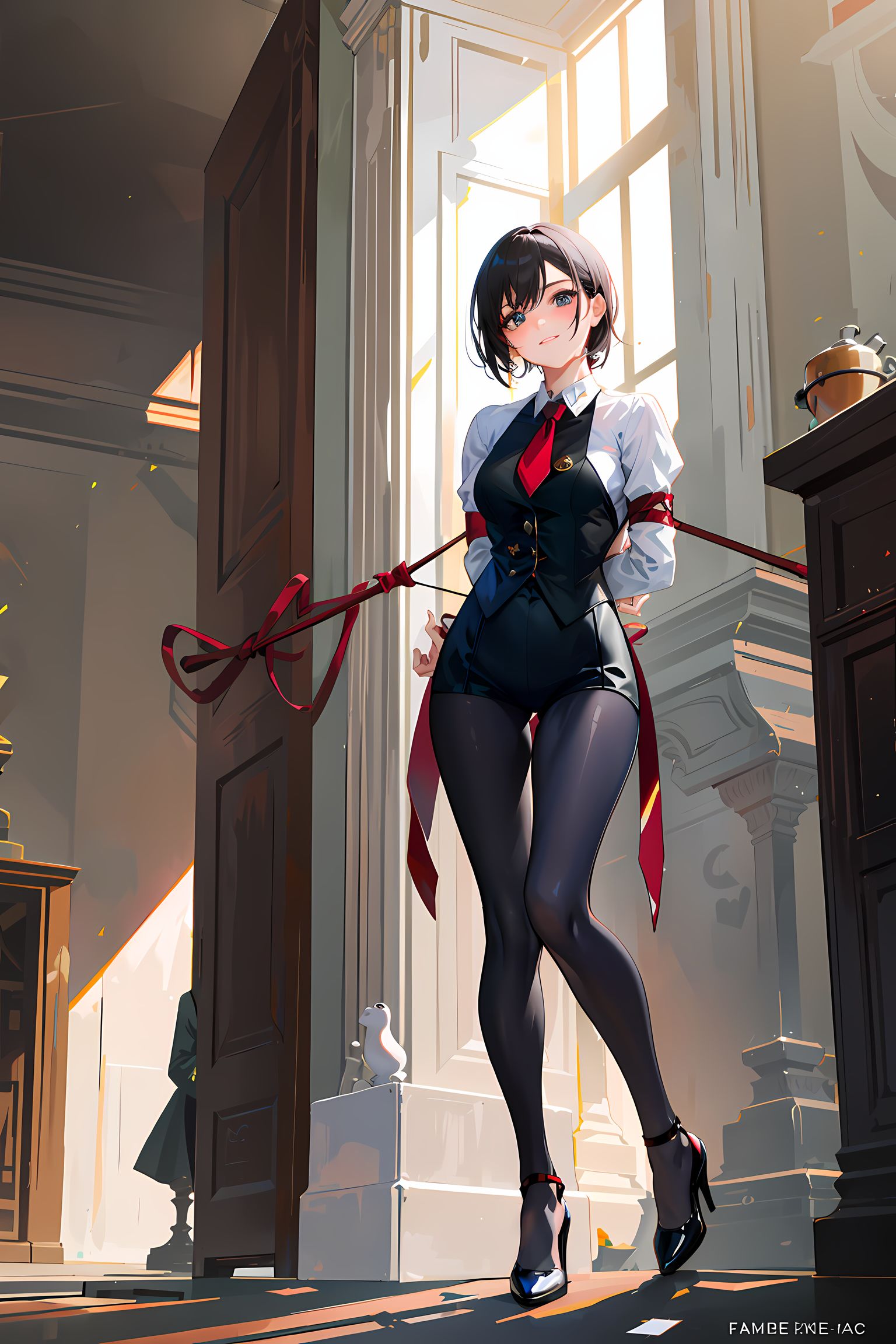 是个穿着黑粉裙配高跟鞋的短发妹子,饰有黑色耳环,手臂被后系绳子束缚