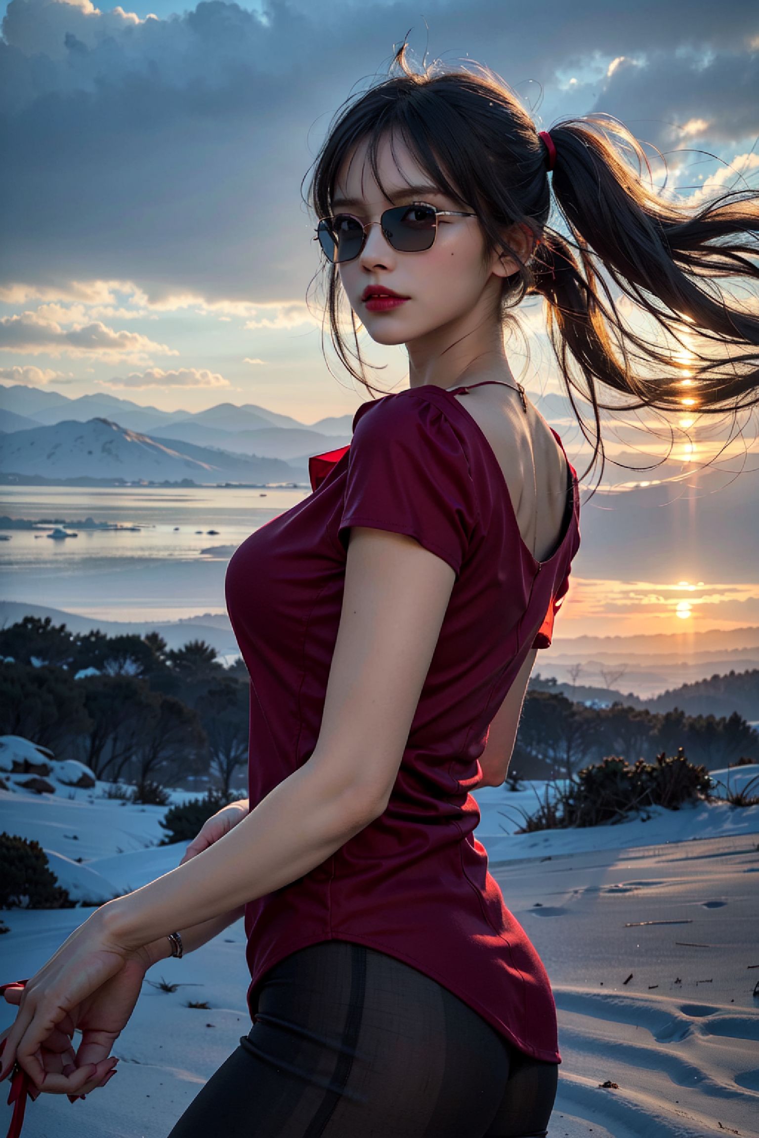 黑发美女独自欣赏山水胜景插画图片壁纸