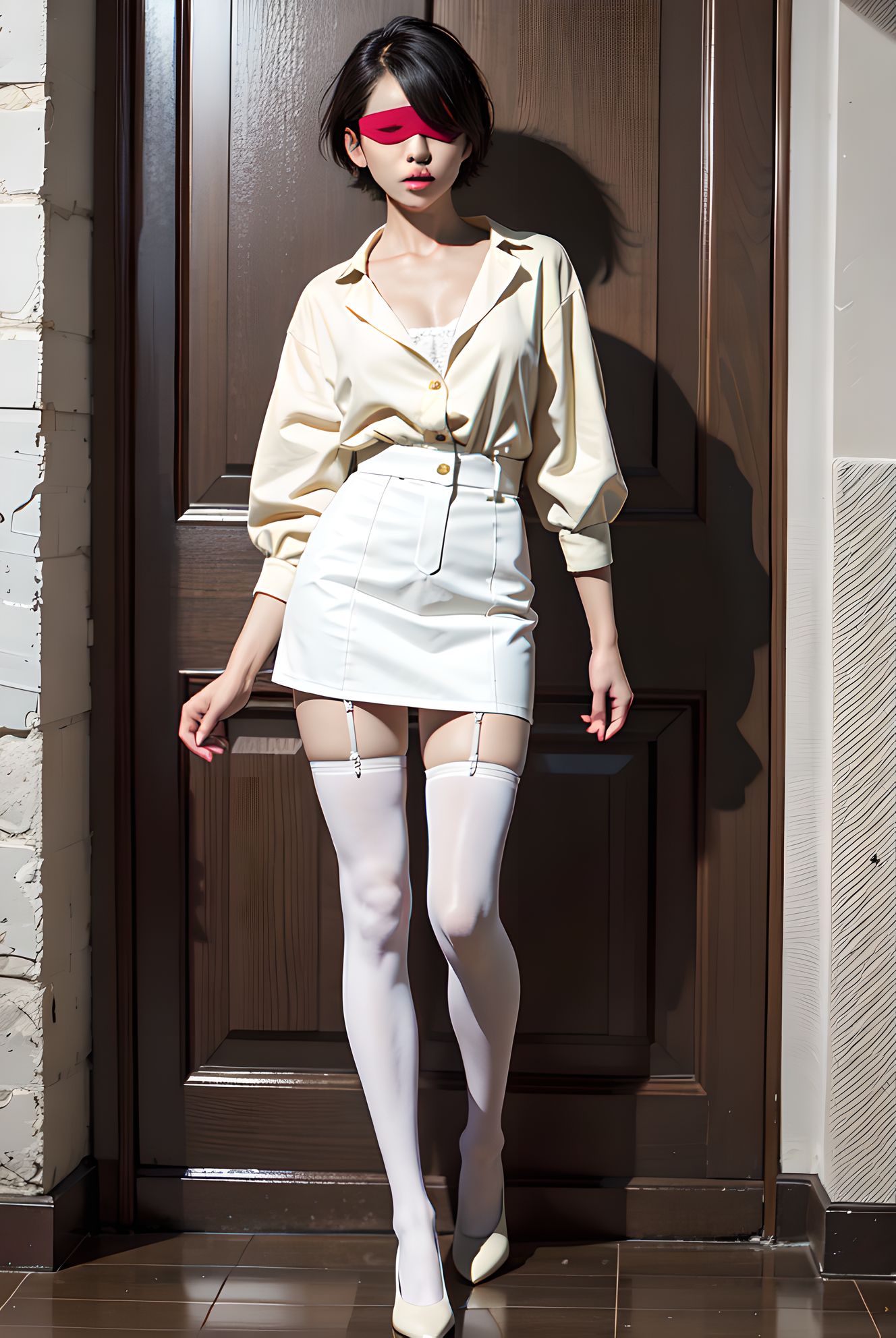 美腿白嫩，黑发单身女孩站立长筒袜，白色装饰傲人双腿。