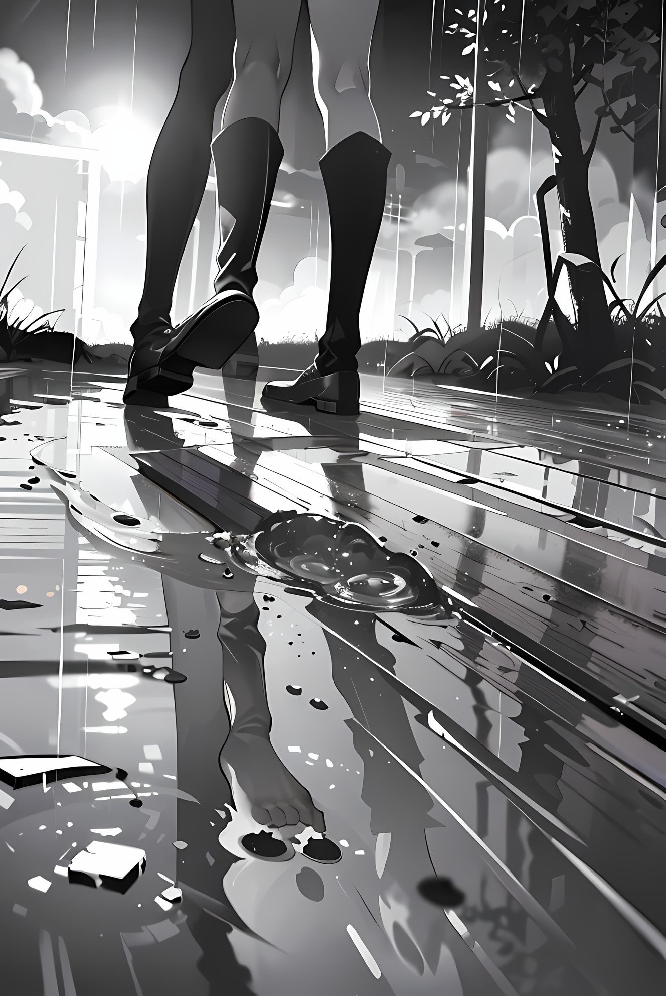 黑白雨中少女高跟靴插画图片壁纸