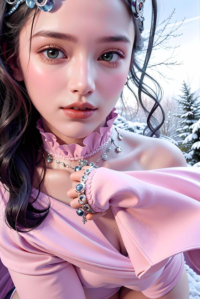 冬日素颜美少女在雪地中枯树下俯视，嘴唇勾勒唯美瞬间插画图片壁纸