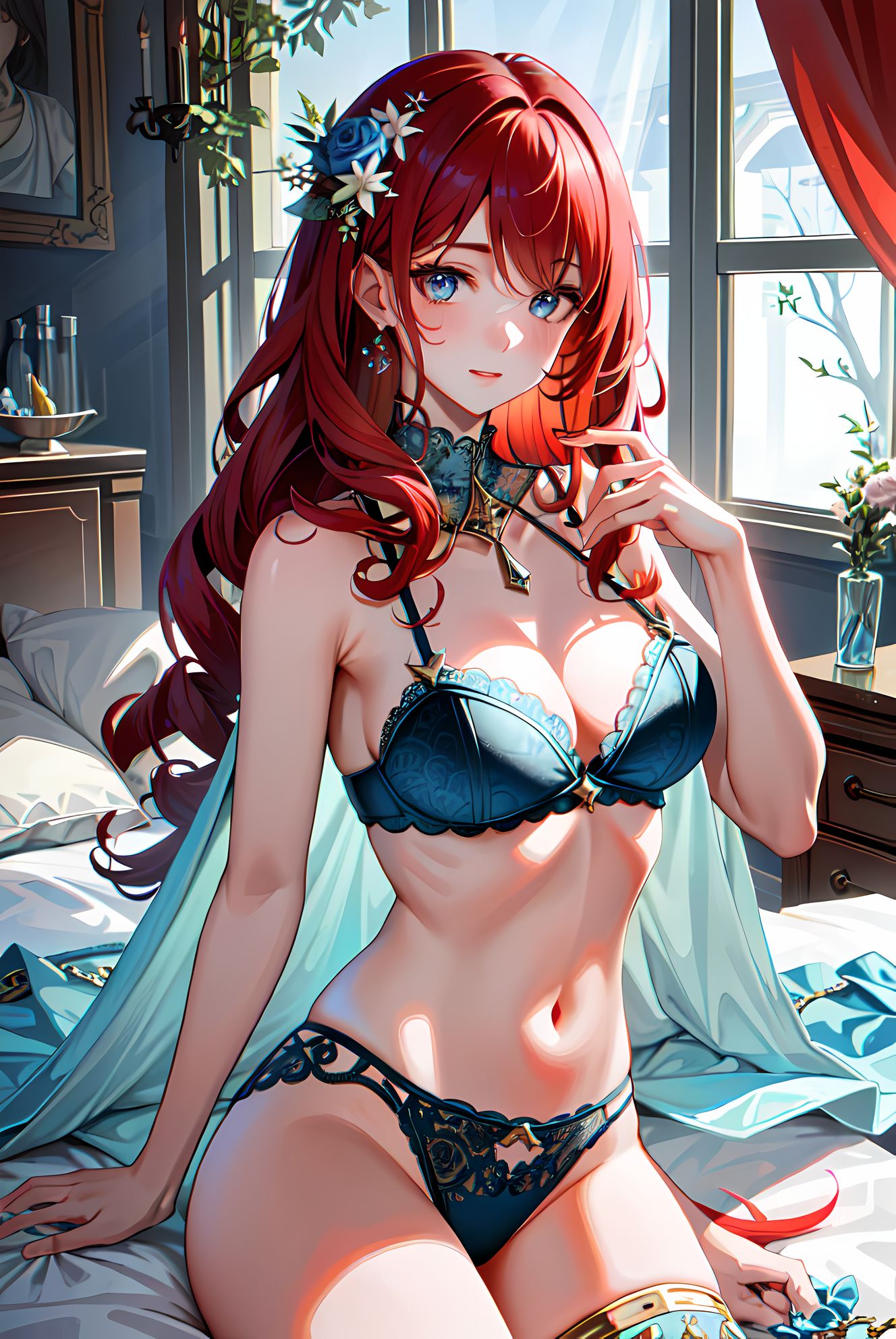窗前少女：红发蓝比基尼头像同人高清图