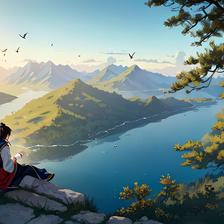 落日枯树湖边坐，诗人旁观秋叶舞。插画图片壁纸