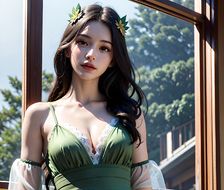 独舞女孩与窗边绿裙，秀发飘散胸前开，妆容精致蕾丝装。