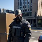 警察戴着头盔和面具的城市楼房