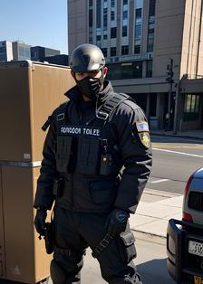 警察戴着头盔和面具的城市楼房插画图片壁纸