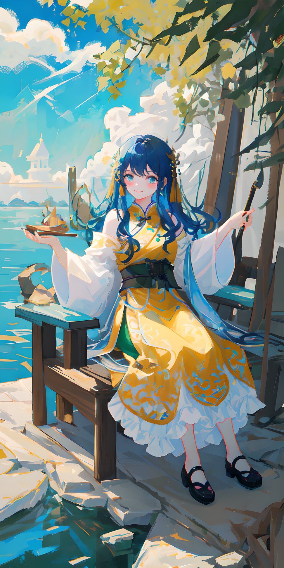 蓝色海洋·黄色长裙·笑靥如花插画图片壁纸