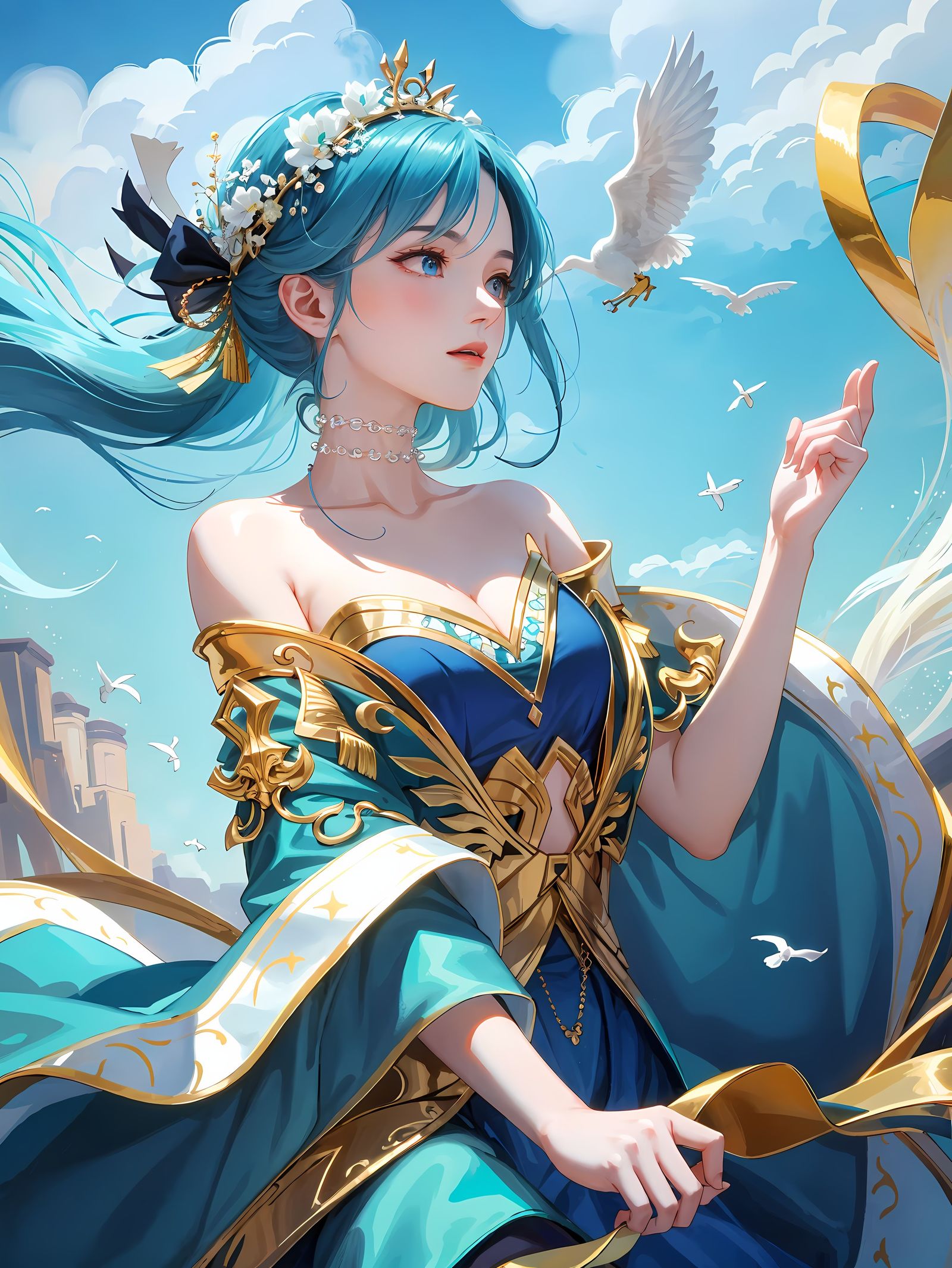 蓝色天空下的少女与动物插画图片壁纸