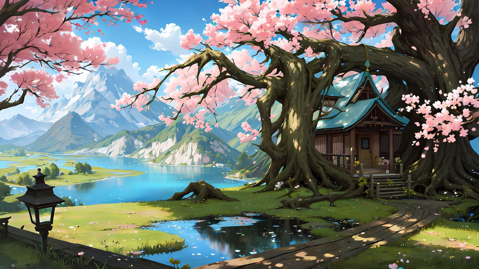 樱花树下，繁花似霞，静好江上，随风飘落。插画图片壁纸