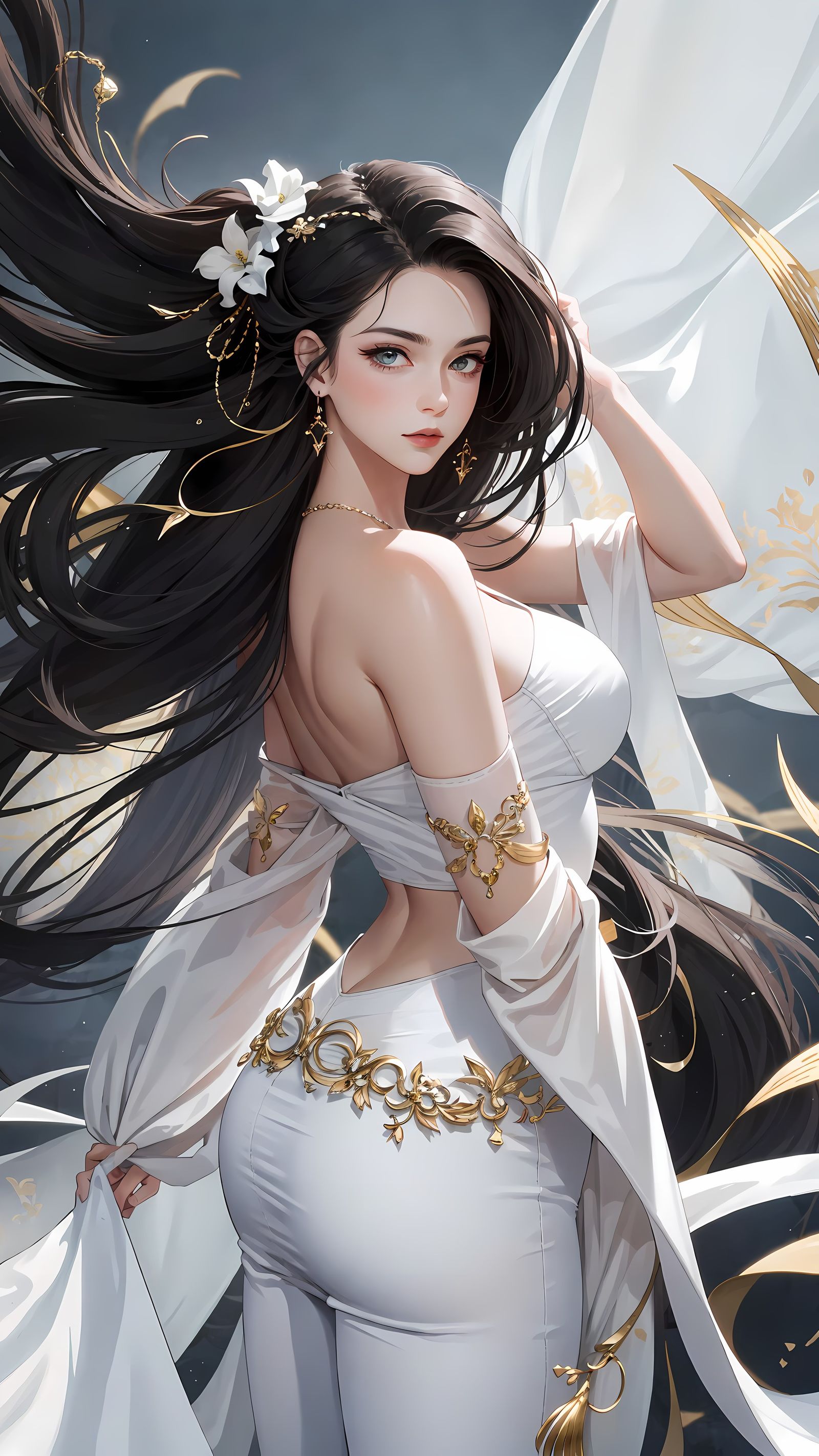 长发美少女，独舞白裙，梳着鲜花发饰，仰头回眸。插画图片壁纸