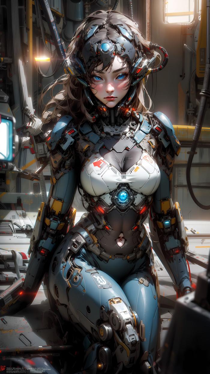 蓝眼女孩独自面对发光的电缆，掩映着科幻异世界的生机与机械。插画图片壁纸