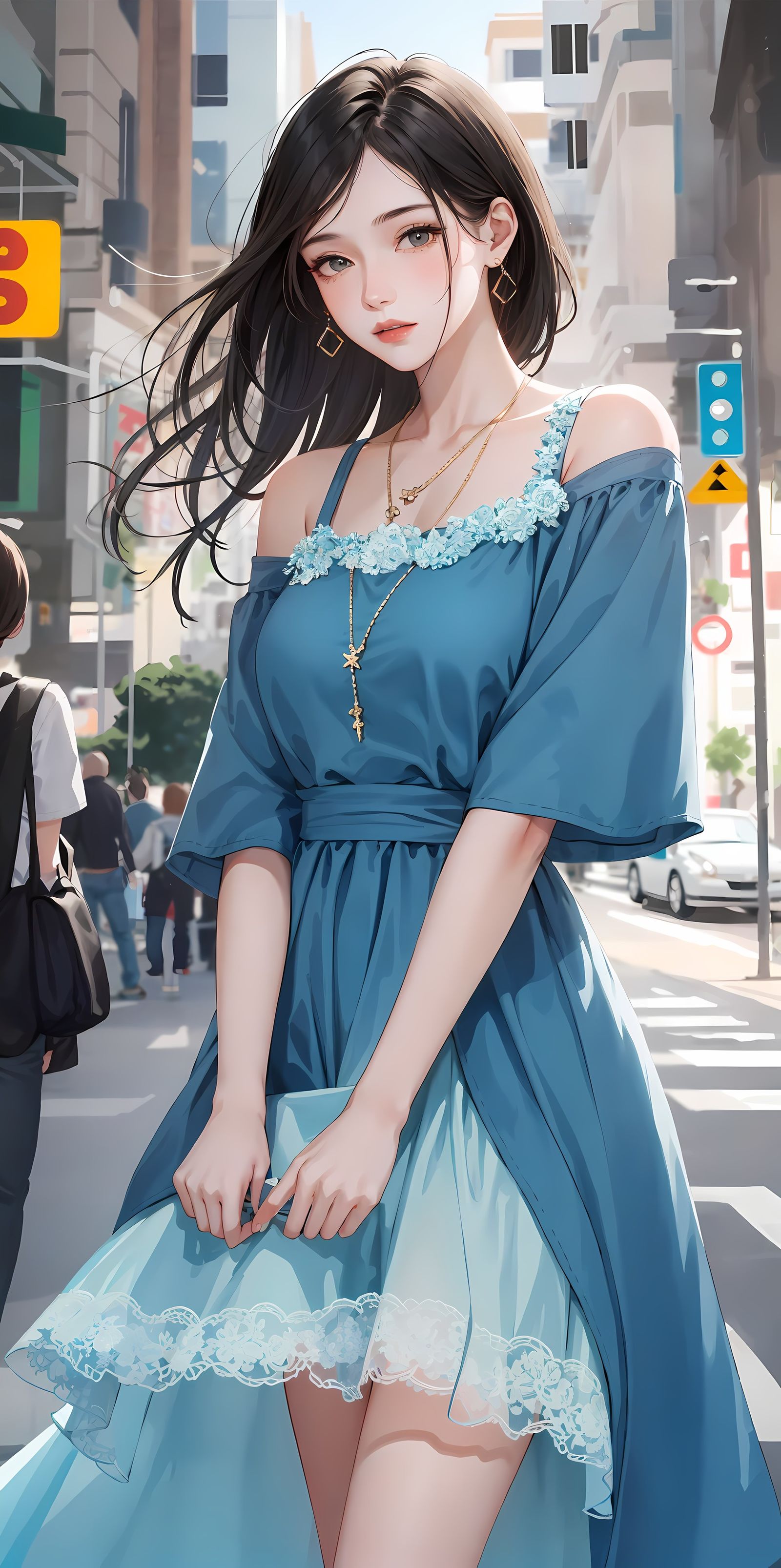 蓝裙少女眼神迷离站街，与城市融为一体插画图片壁纸