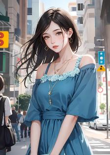 蓝裙少女眼神迷离站街，与城市融为一体头像同人高清图