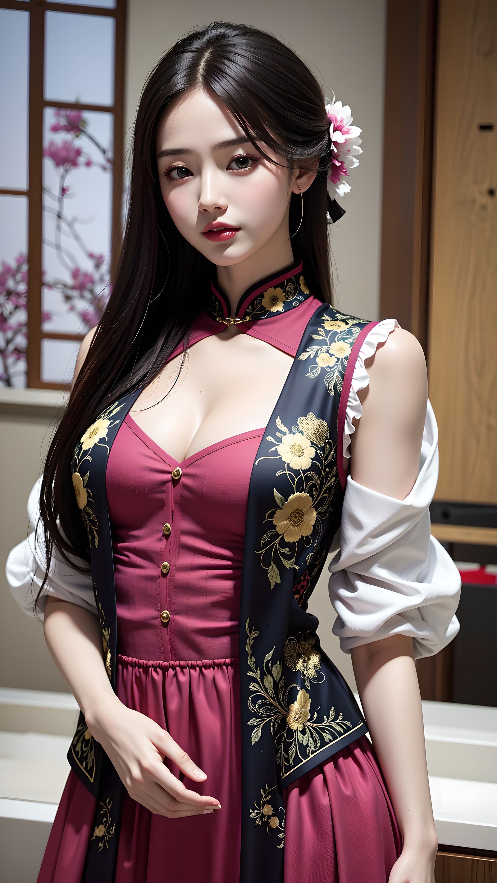 花衣佳人，窗前独舞。插画图片壁纸