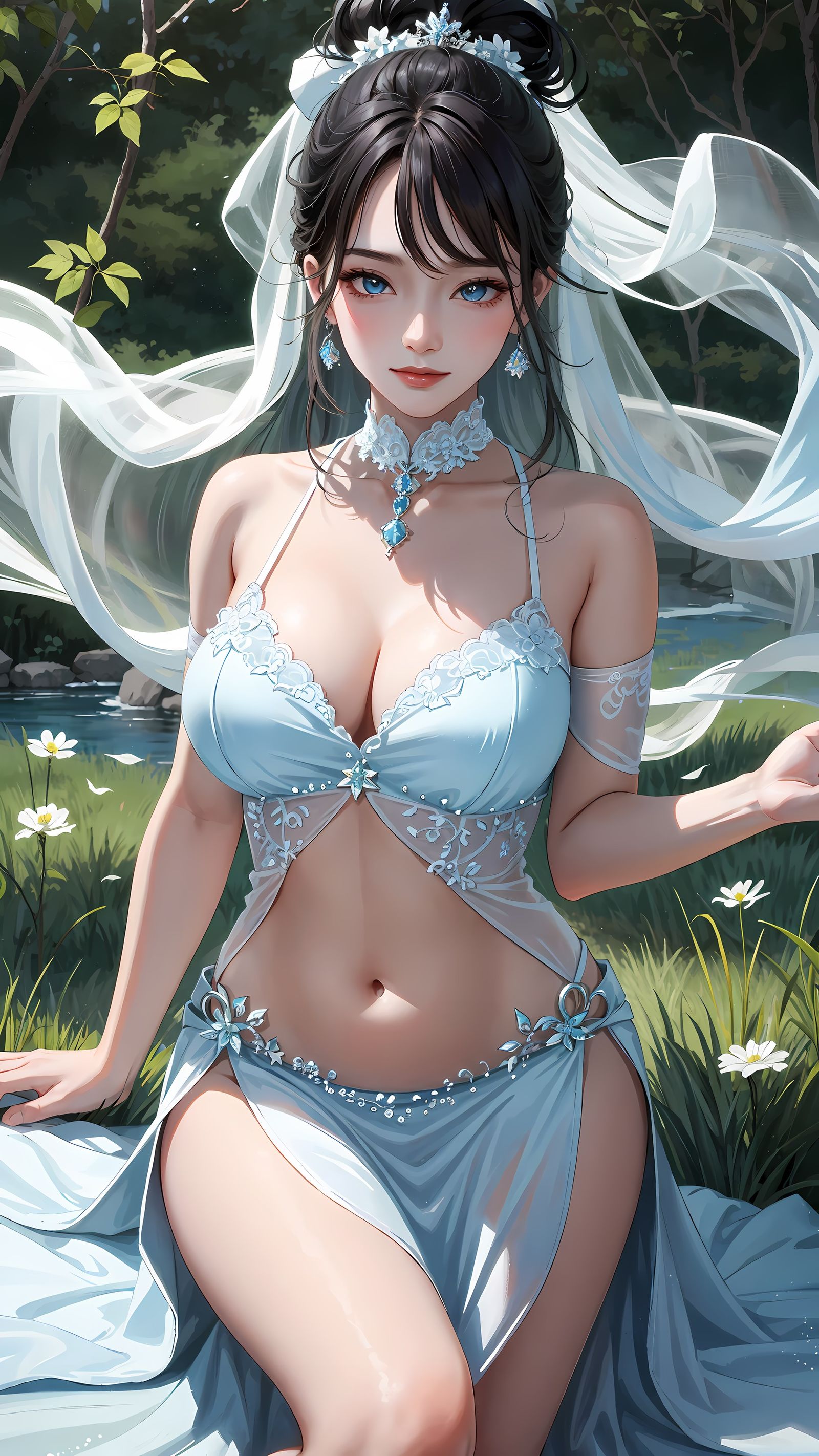 蓝眼黑长草间插画：独坐花草中的美人插画图片壁纸