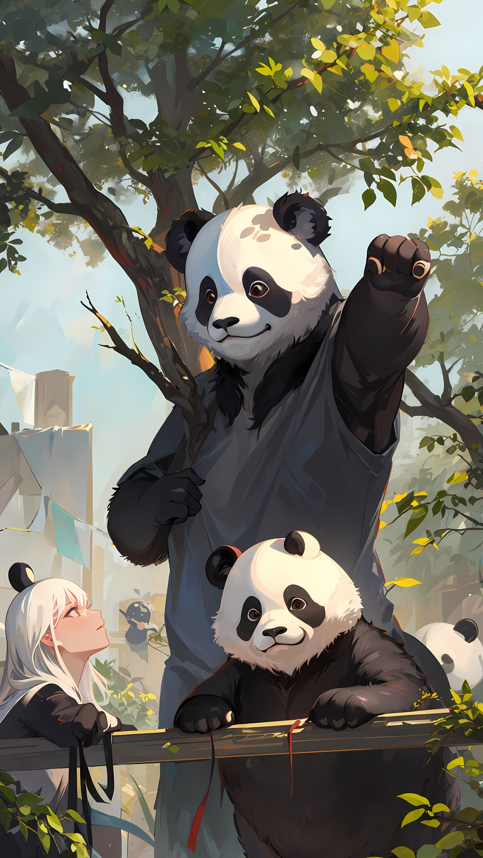 熊猫栖息于秃树枝，秋日里鸟儿鸣啼插画图片壁纸