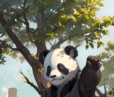 熊猫栖息于秃树枝，秋日里鸟儿鸣啼