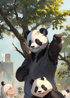 熊猫栖息于秃树枝，秋日里鸟儿鸣啼头像同人高清图