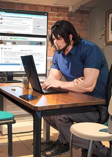 蓝衫男子，半躺电脑桌上，吊儿郎当插画图片壁纸