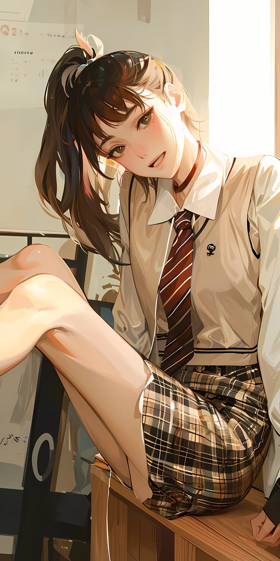 校服美女坐姿优雅怒吼，领带格纹条纹显气质。