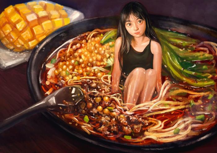 美食少女——重庆小面少女插画图片壁纸