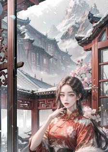 东方红建筑，飘雪桥，神社少女。插画图片壁纸