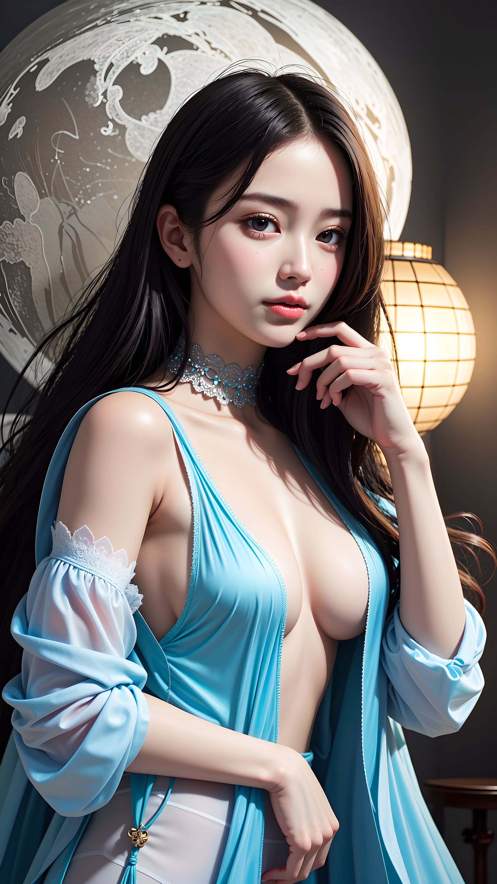 月色下，独舞少女美唇长发佩项圈