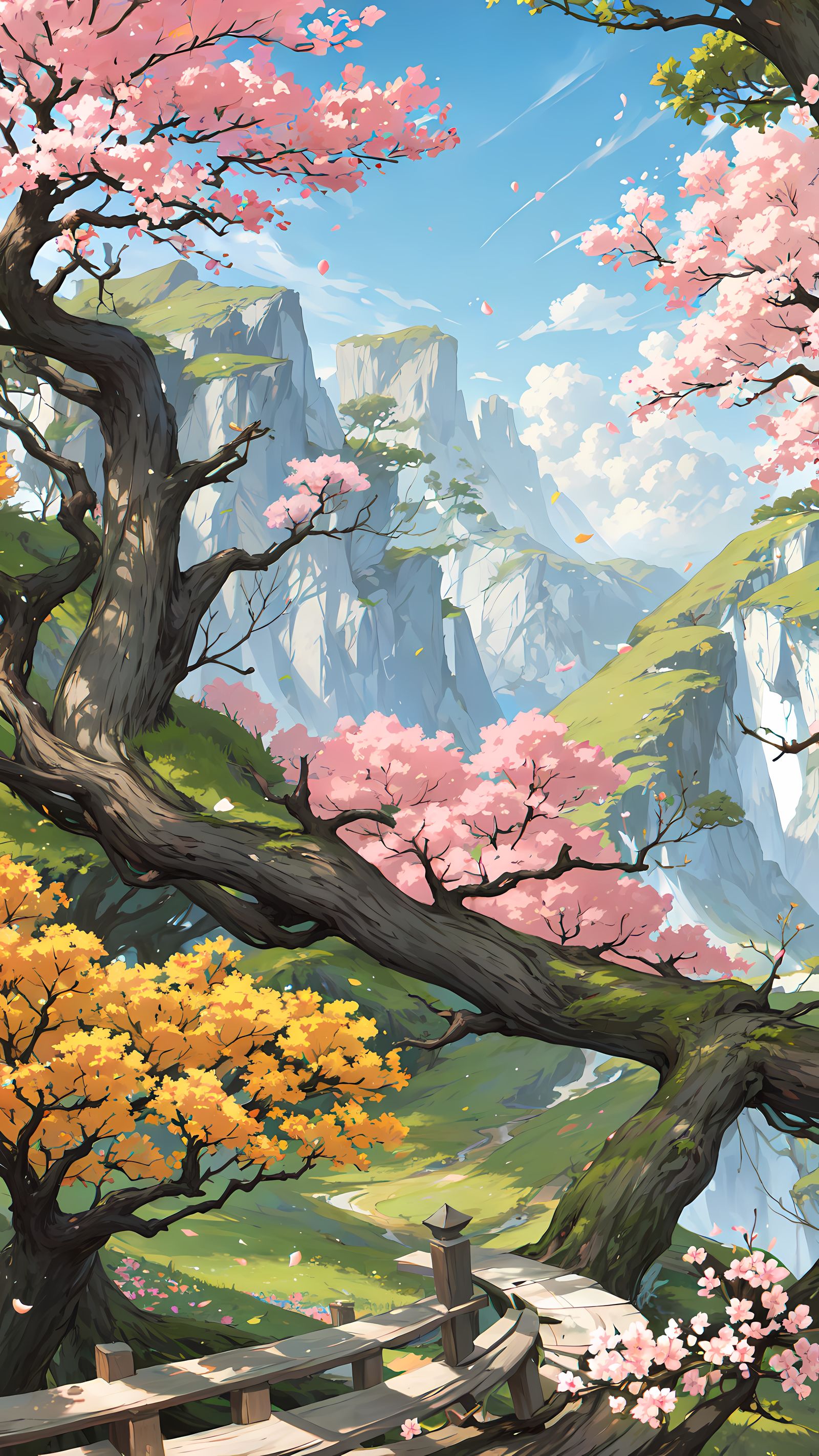 樱花与落叶：二次元美景插画图片壁纸