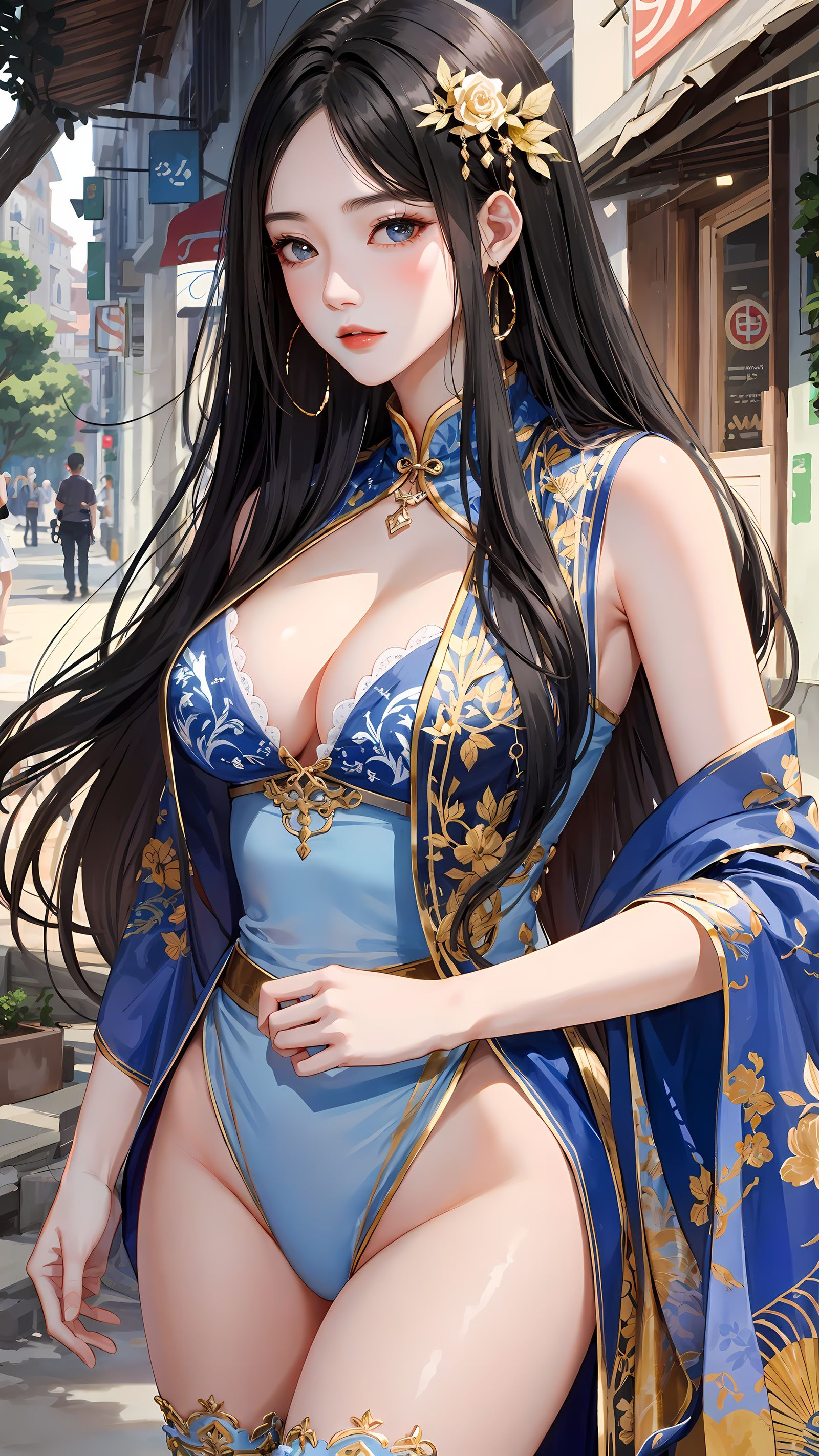 蓝眼美少女穿中式时装耳坠惹人注目插画图片壁纸