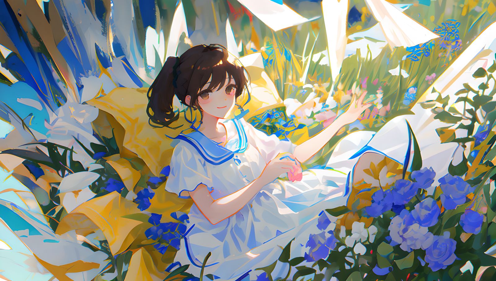 蓝色花束少女。插画图片壁纸