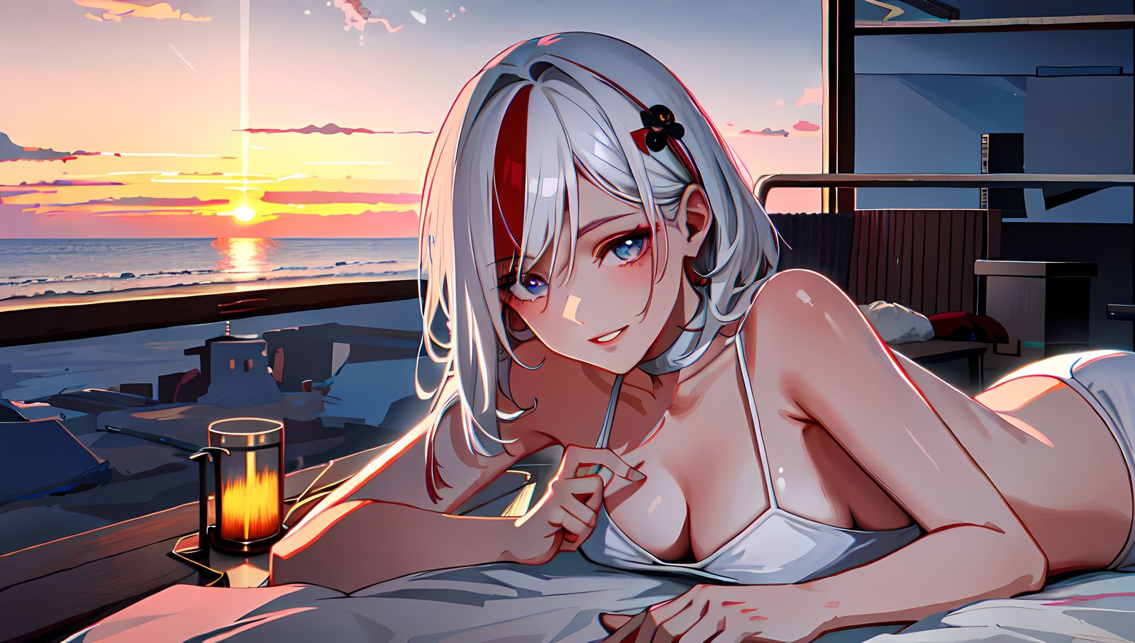 落日沙滩上，少女海边躺姿。插画图片壁纸