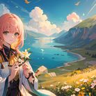 欣赏美丽二次元风景，少女手握花朵，倚海岸线，向你微笑！
