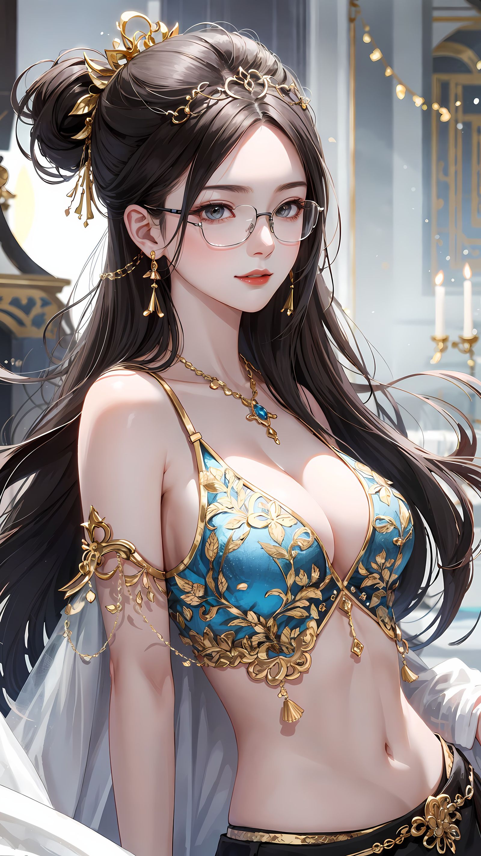 黑长发美眉穿阿拉伯服，配饰珠宝皆如玉，瞪眼娇态孩心动。插画图片壁纸