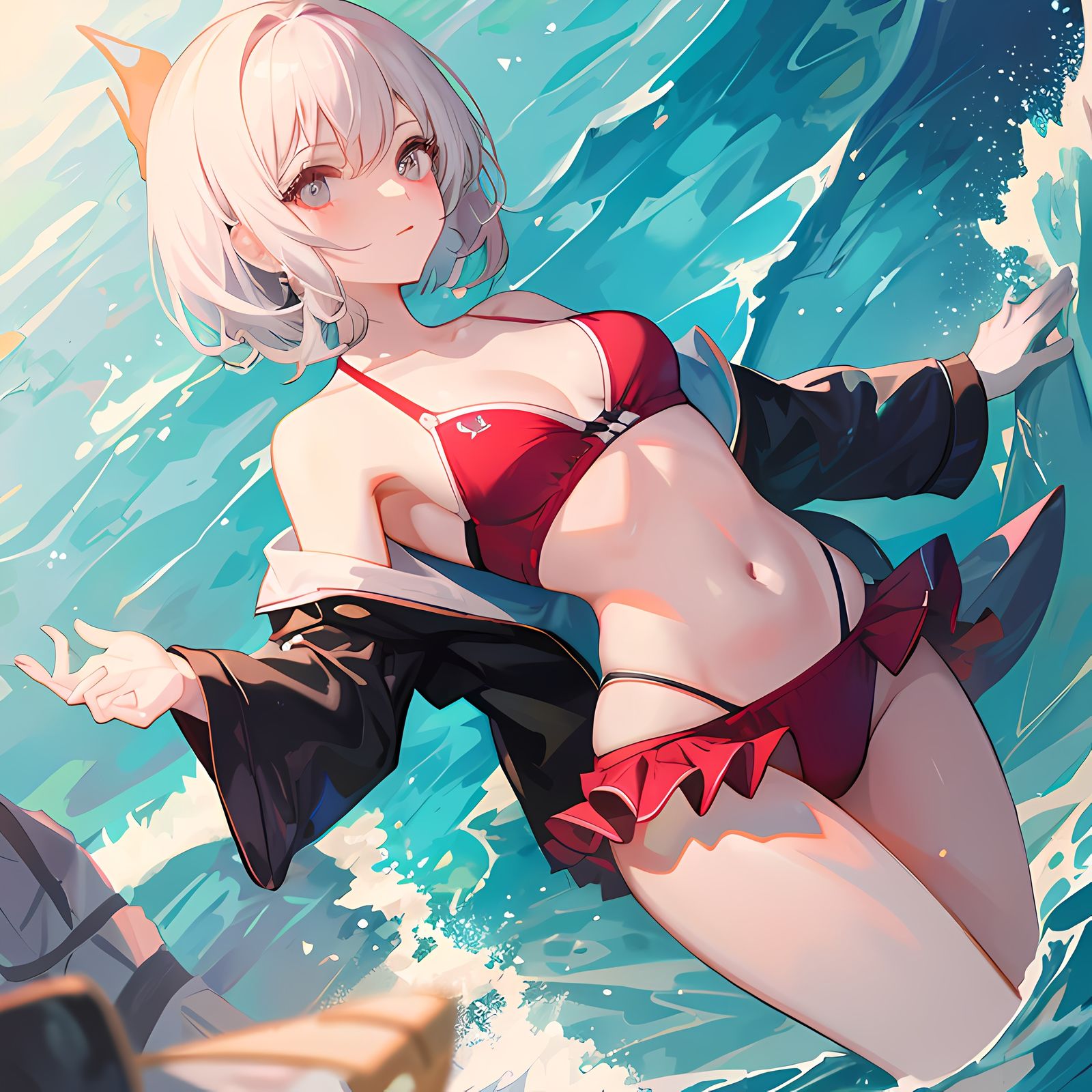 闪亮波涛池边少女插画图片壁纸