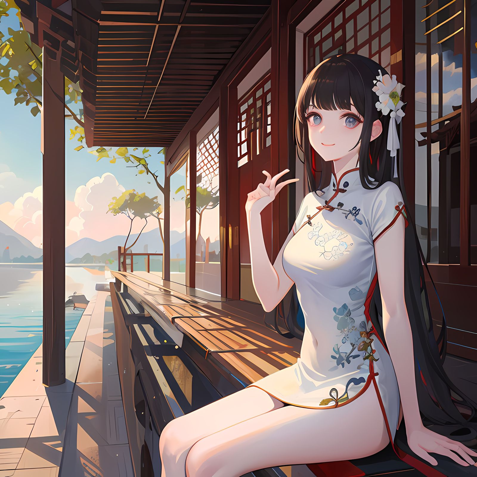 靓丽女郎，华服华裳，笑脸花开，俯视视界。