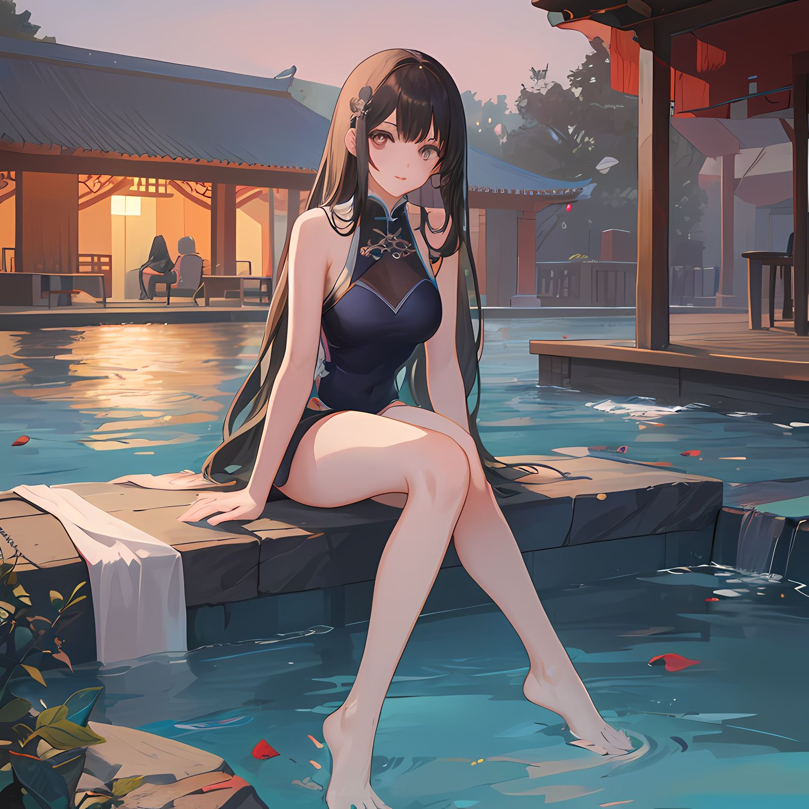 水池畔的二次元美少女插画图片壁纸