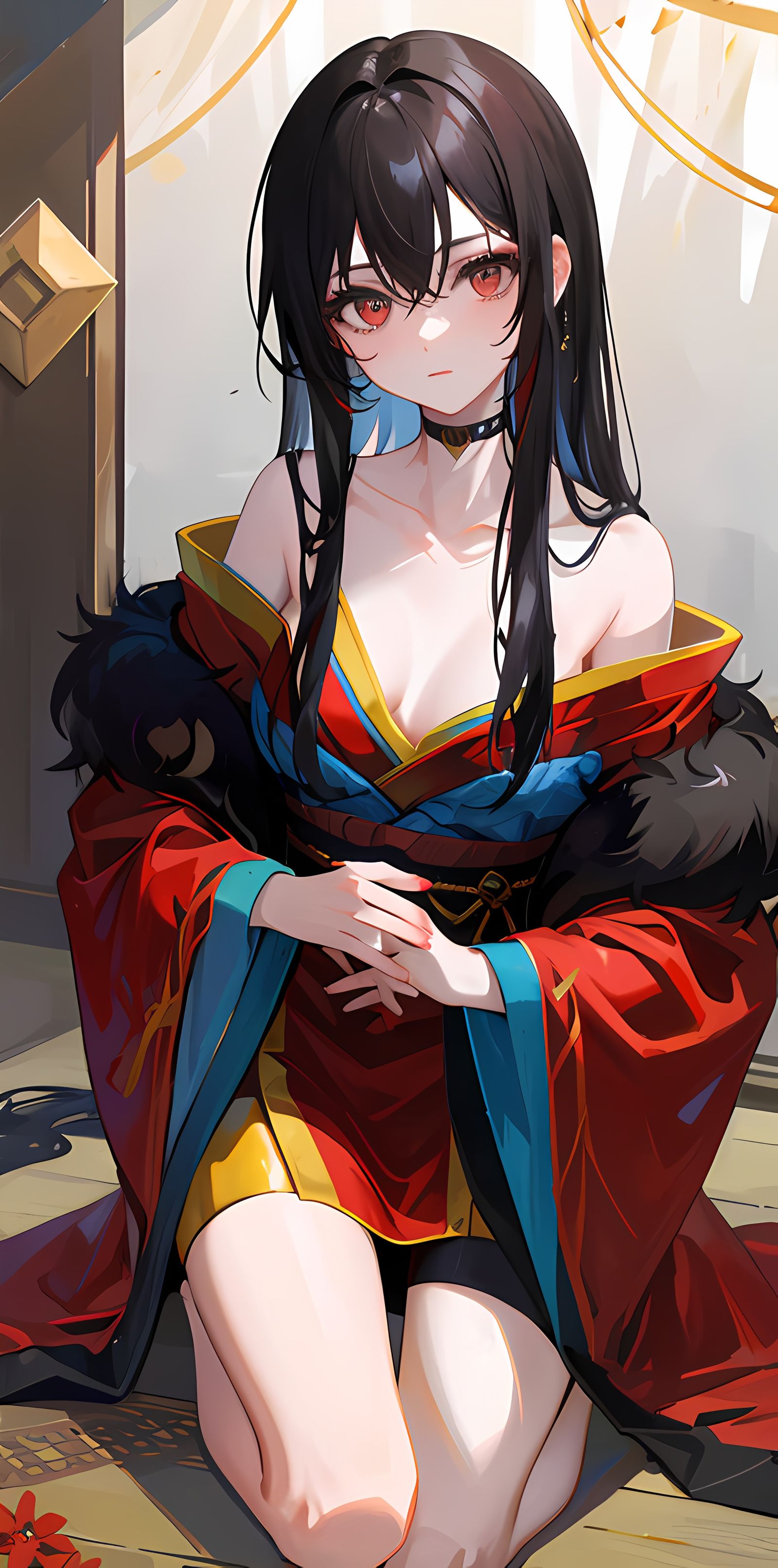 红眼长发美少女日式和服插画（别看手指插画图片壁纸