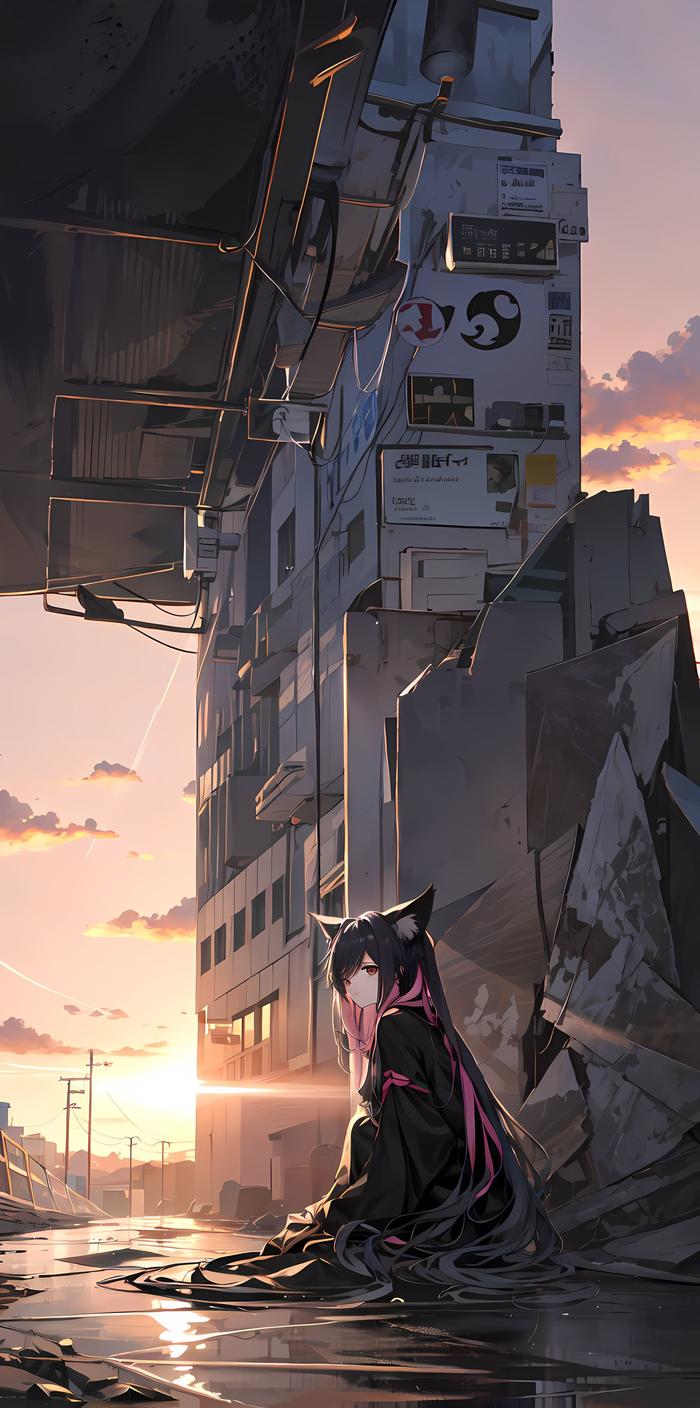 夕阳城市，一女孩与夕阳同在插画图片壁纸