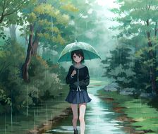 彩伞小姐在雨中漫步