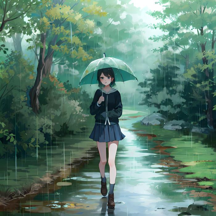 彩伞小姐在雨中漫步插画图片壁纸