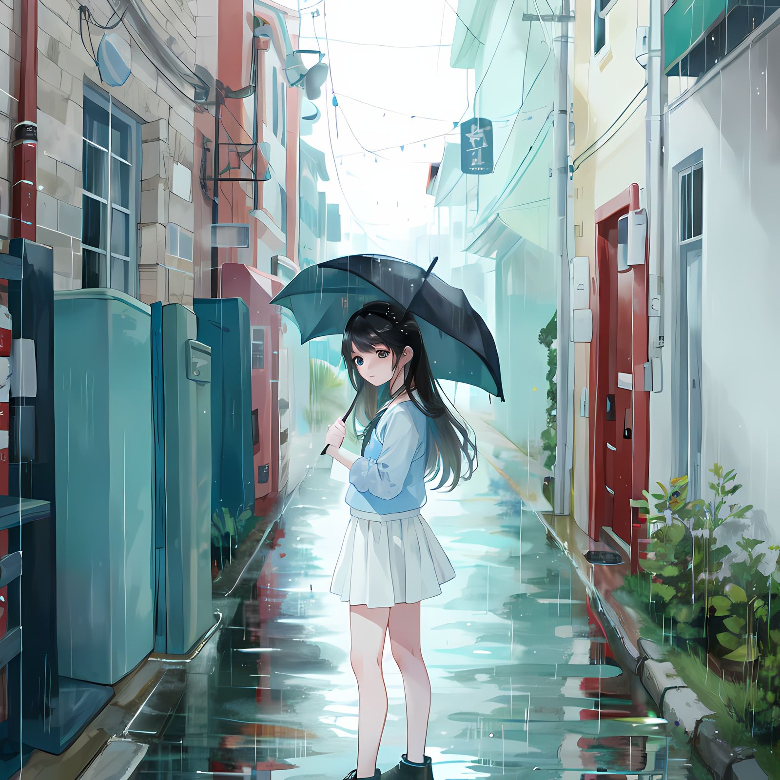 小姐姐撑起一把彩色透明伞，独自在雨中等待，身着雨衣橡胶靴，悠然自得。插画图片壁纸
