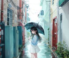 小姐姐撑起一把彩色透明伞，独自在雨中等待，身着雨衣橡胶靴，悠然自得。