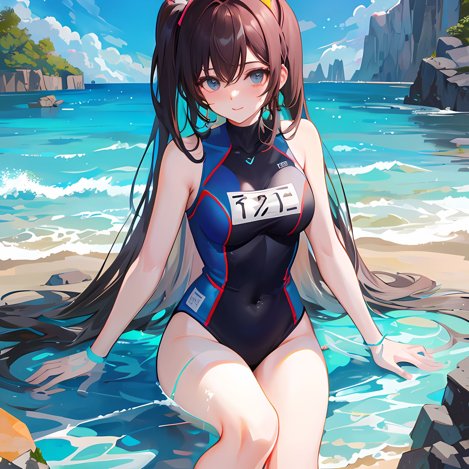 少女踏浪海边，笑容迎人插画图片壁纸