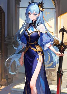 蓝色战姬，绝美长发，独自持剑。插画图片壁纸