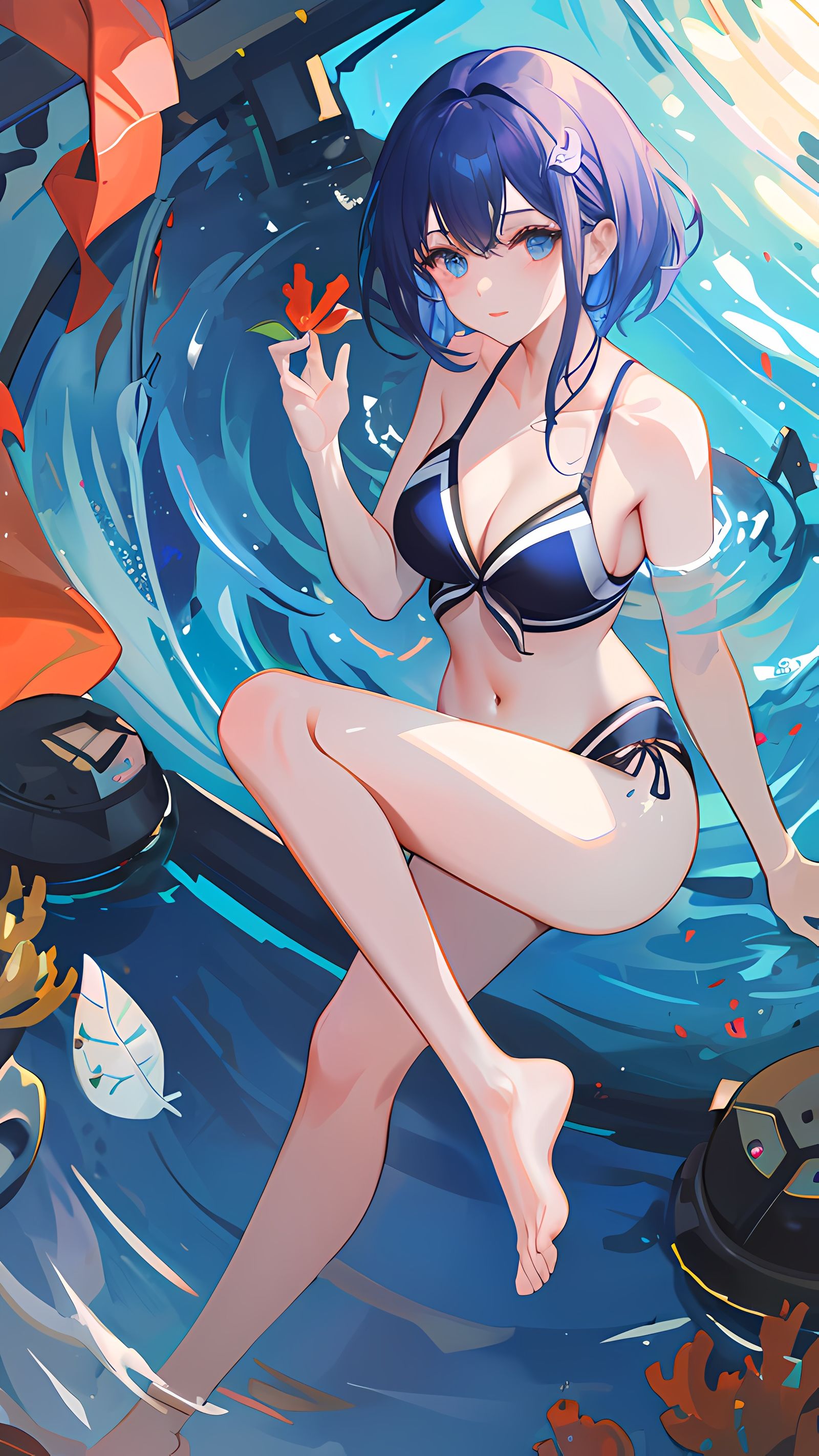蓝色美少女泳装秀插画图片壁纸