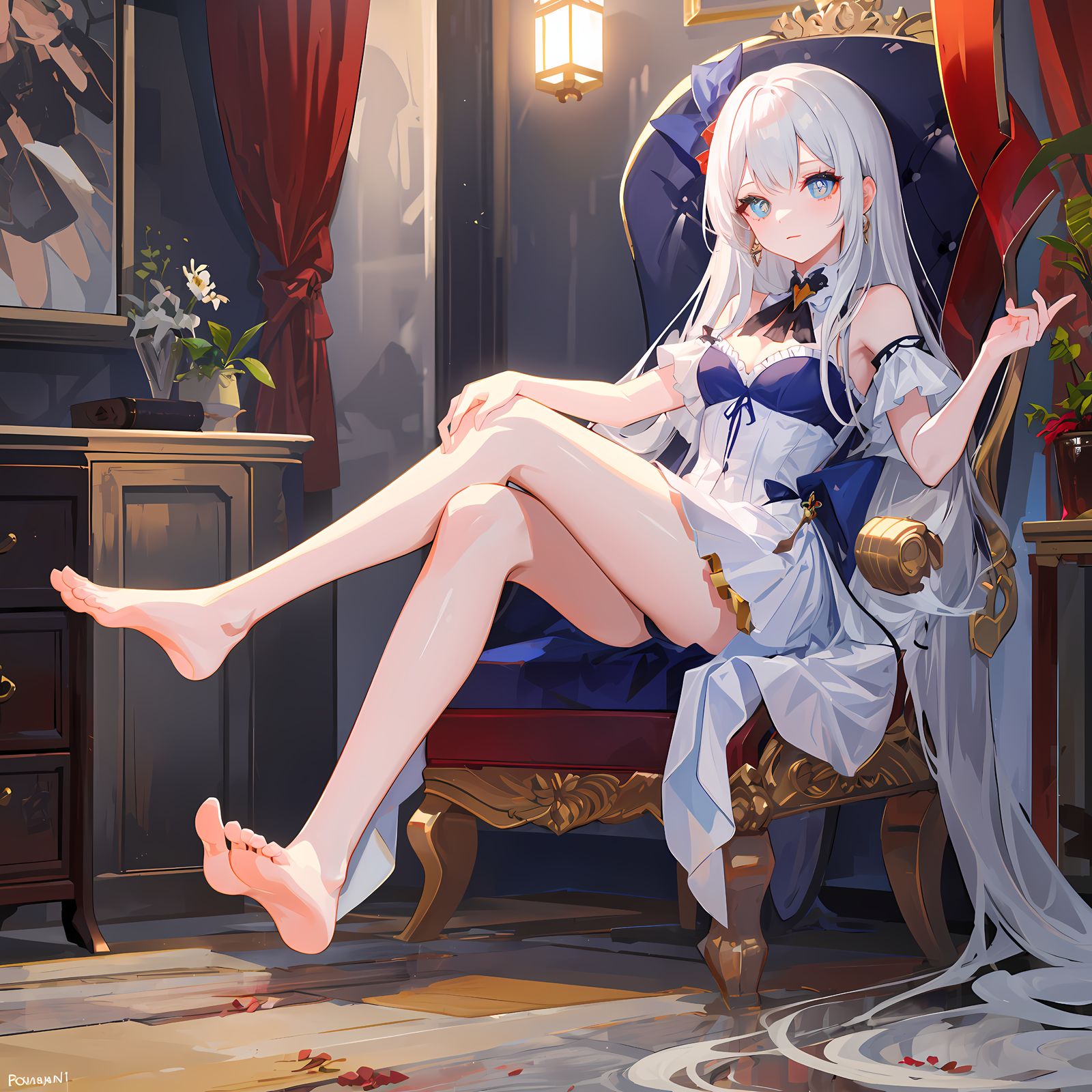 长发少女赤足坐花宅，目视前方照亮灯。插画图片壁纸
